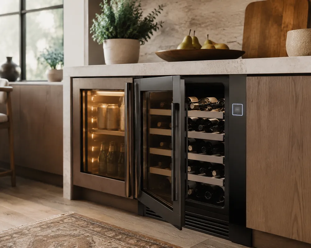 Wine cooler in a three-quarter kitchen view, door ajar showing horizontal bottles, digital thermostat glowing beside a warmer mini fridge.