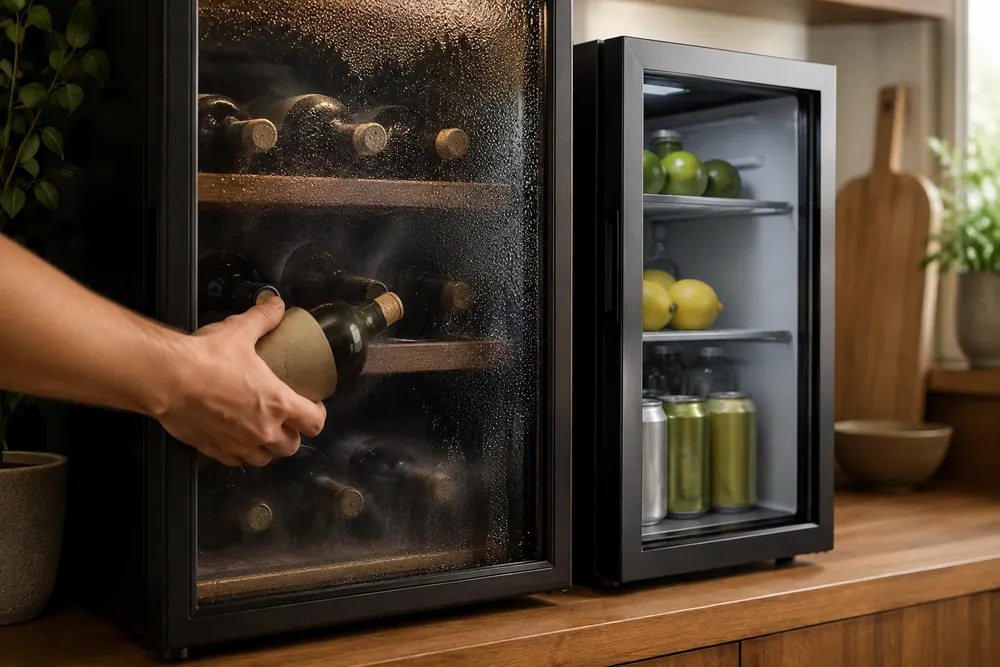 Hand checking a corked wine bottle inside a humidified wine cooler, with condensation on glass and dry mini fridge beside it.