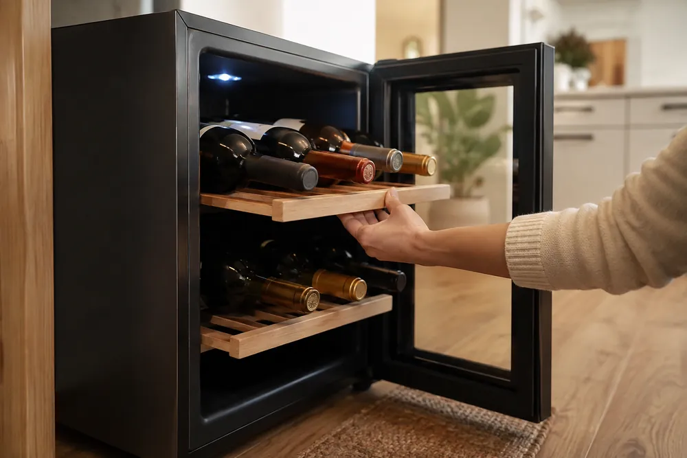 Hand steadies a wine cooler shelf as bottles rest quietly, side-angle view of a nearby mini fridge on a kitchen floor.