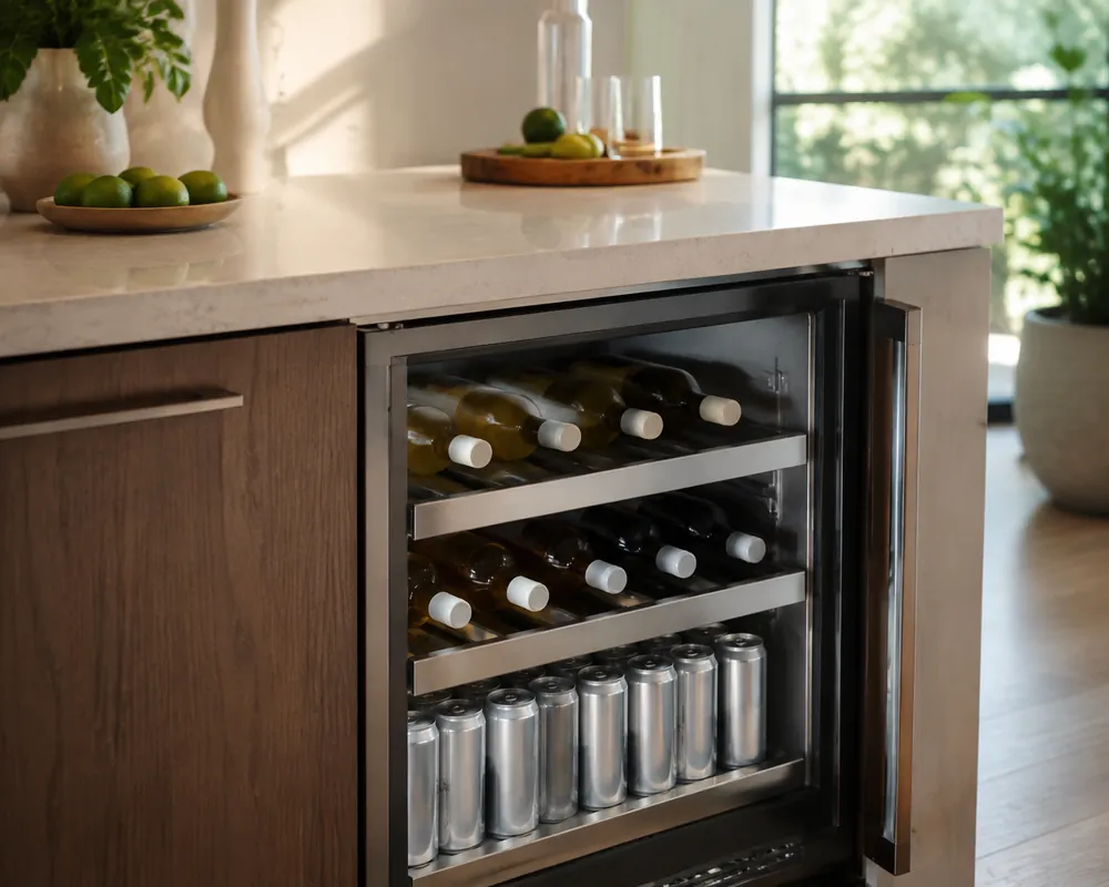 Brushed stainless steel shelves hold horizontal wine bottles beside upright cans in a compact fridge, slightly raised view across a tidy quartz counter.