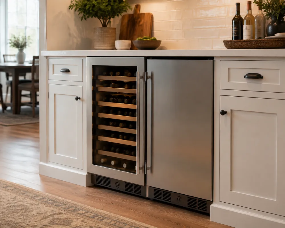 White shaker cabinetry surrounds a wine cooler and mini fridge under a quartz counter, rear ventilation gaps visible, warm kitchen light.