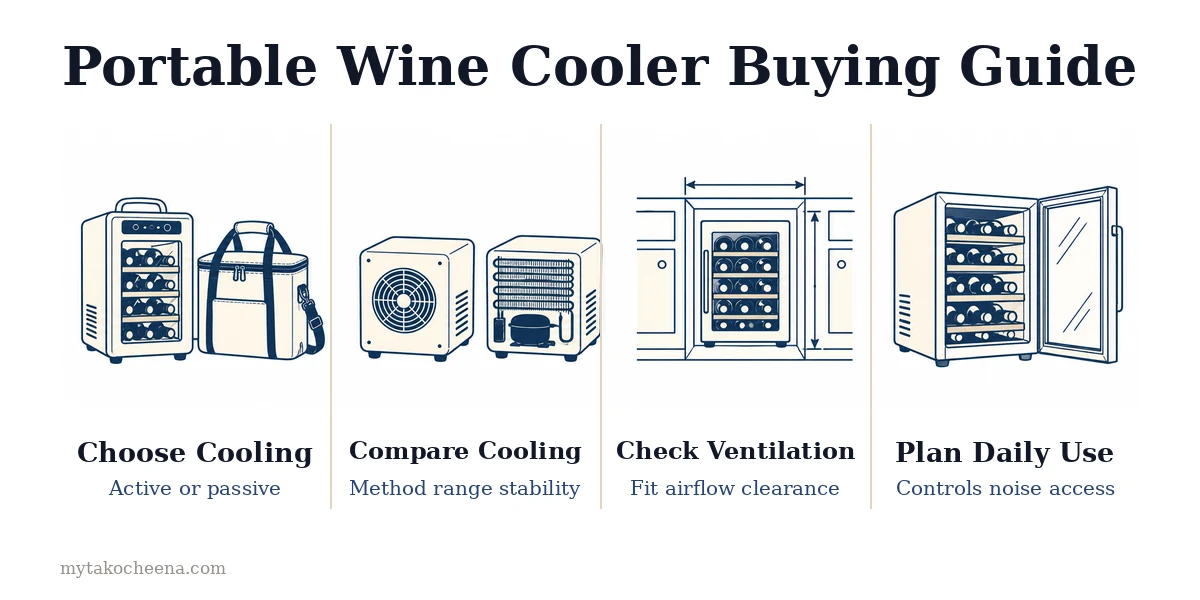 Portable Wine Coolers: What to Check Before Buying: Choose Cooling, Compare Cooling, Check Ventilation, Plan Daily Use.