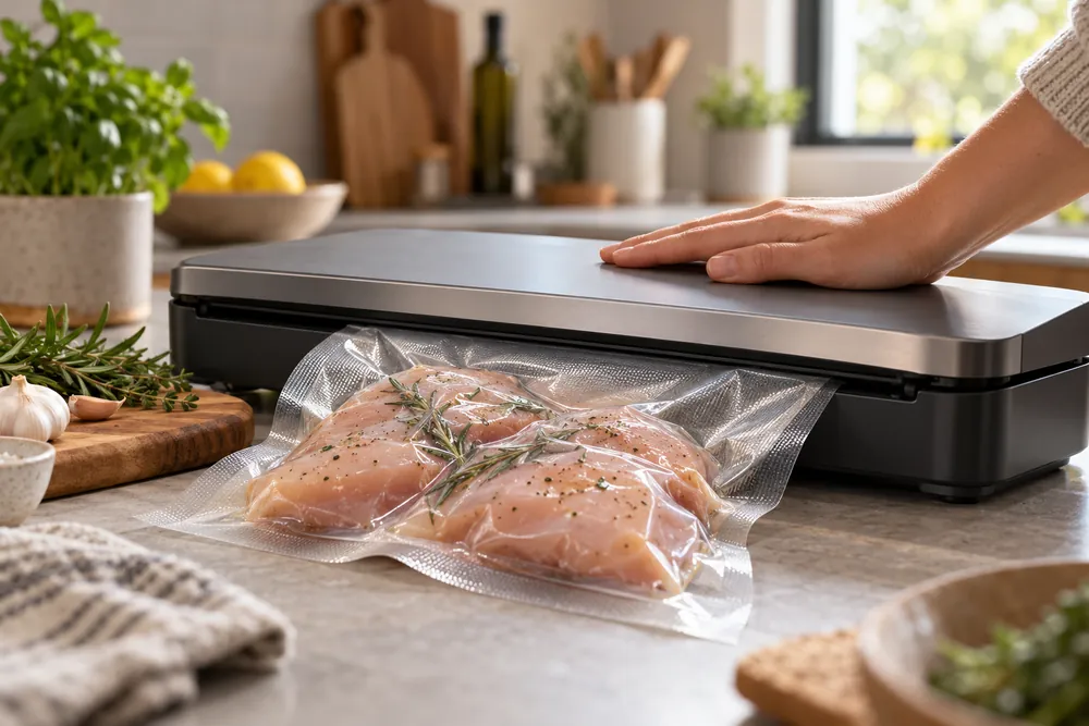 Pressing the lid, a hand seals a clear bag of chicken as air visibly pulls from the chamber beside the appliance.