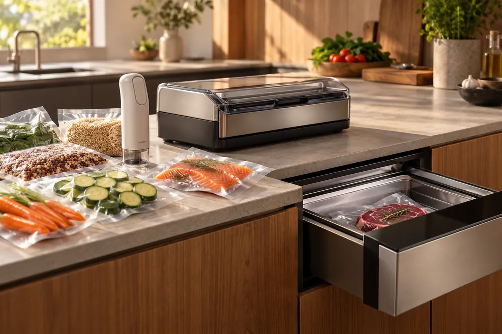 Soft morning light falls across a countertop displaying handheld, external-chamber, and built-in vacuum sealers beside neatly arranged food bags, viewed side-angle.