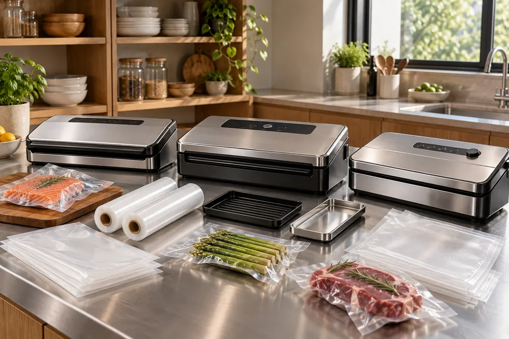Stainless-steel countertop displays three vacuum sealers beside bags, rolls, removable drip trays, locking lids, and controls, with open cabinetry behind.