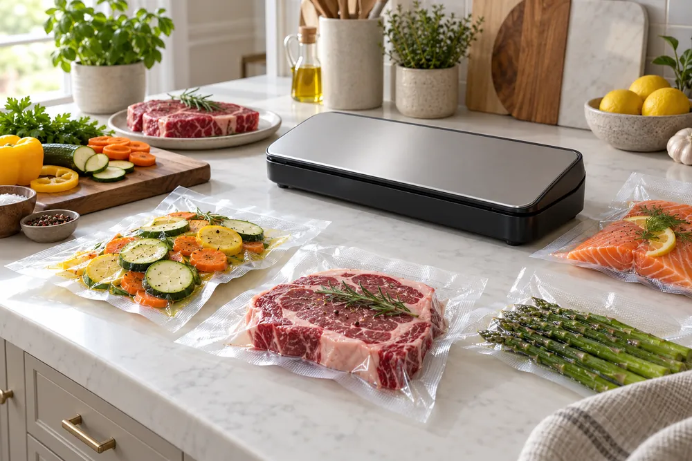 White quartz countertop beside pale cabinetry holds a vacuum sealer, sliced vegetables, steak, and labeled-free storage bags arranged for varied food habits.