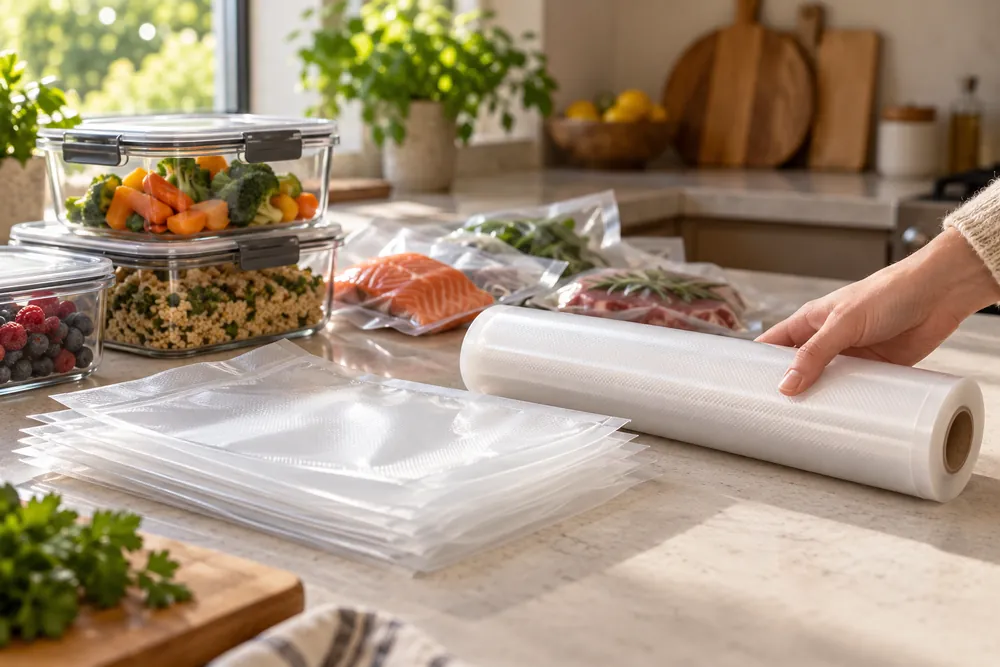 Hand slides a vacuum sealer roll beside stacked bags and reusable containers on a kitchen counter; side-angle composition shows storage choices.