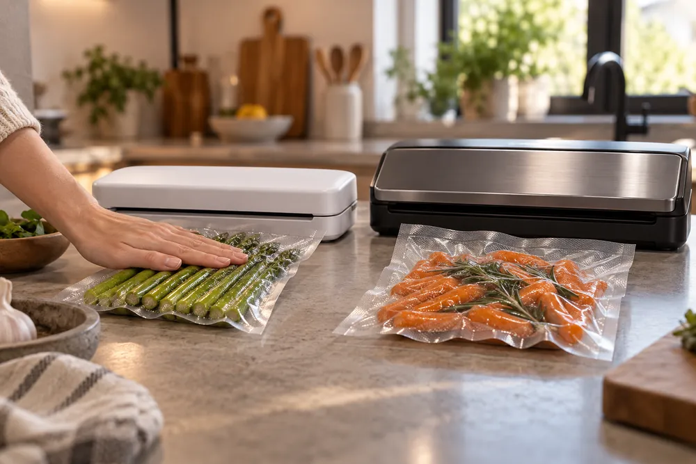 Pressing two contrasting vacuum sealers side by side, a hand compares their sealed bags on a kitchen counter from a low angle.