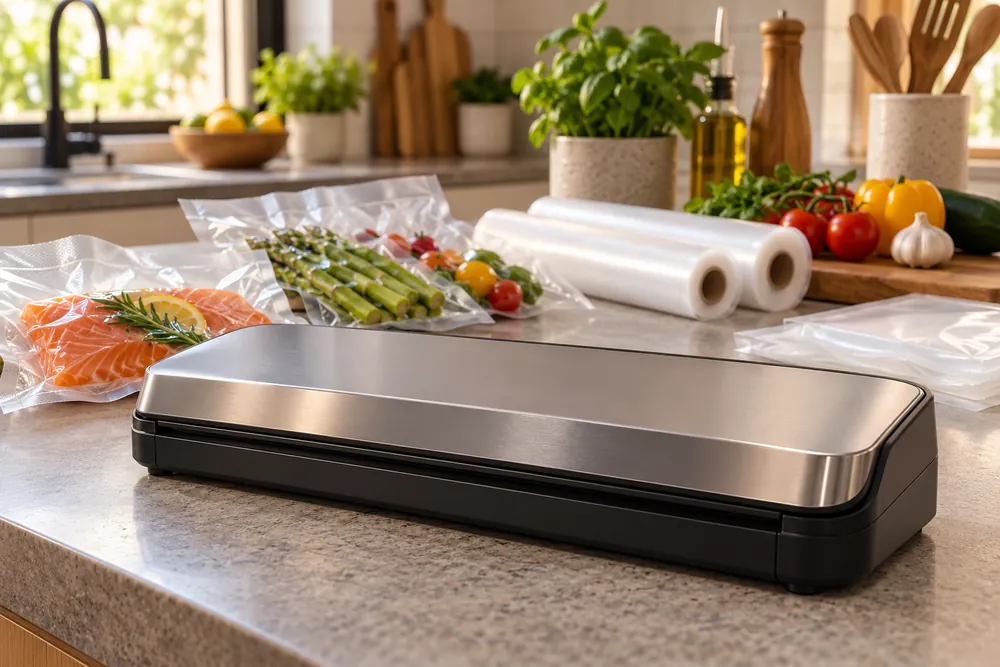 Countertop vacuum sealer dominates the foreground, with assorted food bags, rolls, and kitchen tools arranged behind it from a low angle.