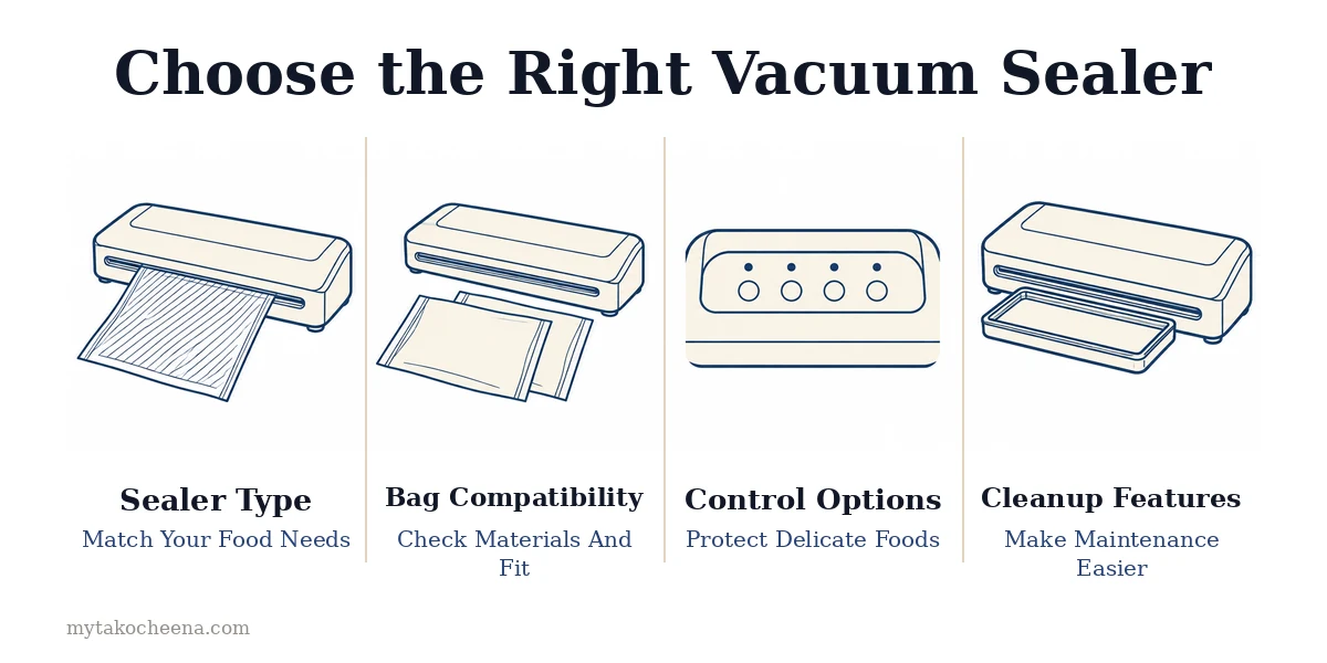 How to Buy the Right Vacuum Sealer for Food: Sealer Type, Bag Compatibility, Control Options, Cleanup Features.