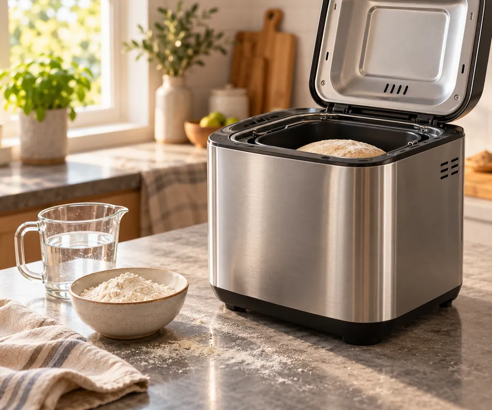 Brushed stainless steel bread machine on a kitchen counter, lid open with measuring cup and flour nearby, side-angle view.