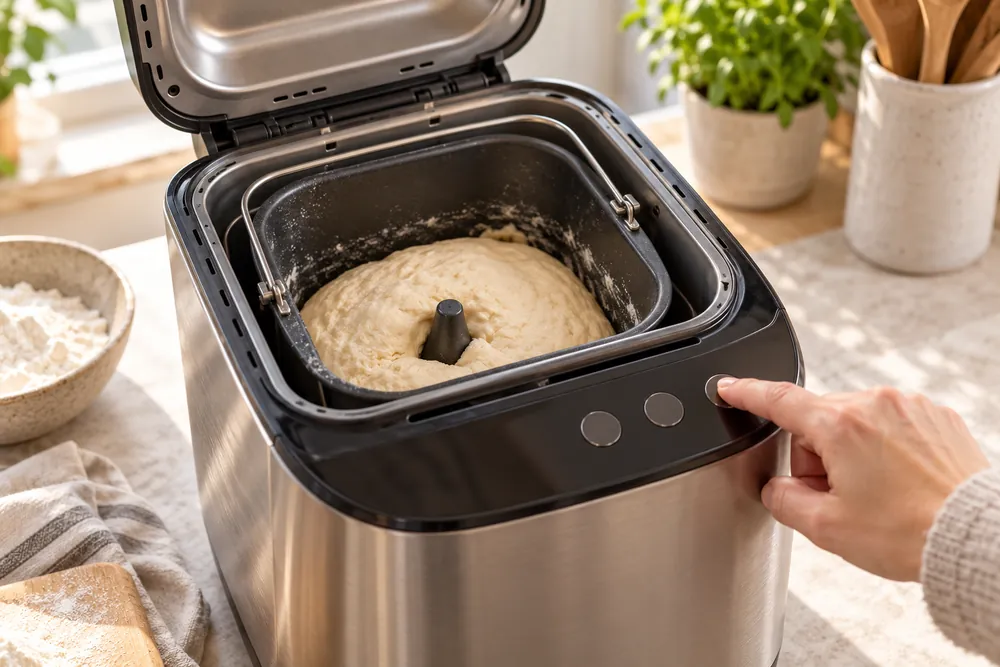 Fingers press a dough setting button while the bread pan, kneading paddle, and rising dough sit visible inside the open machine.