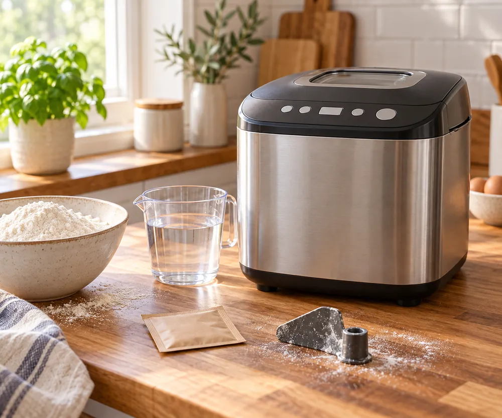 Butcher-block countertop surrounds a compact bread machine with labeled basic controls, measuring cup, yeast packet, and flour-dusted paddle nearby.