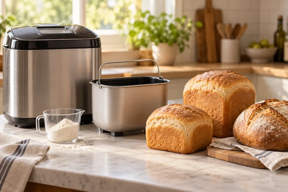 Bread machine with three differently sized loaves beside its pan, countertop measuring cup nearby, kitchen background softly blurred.