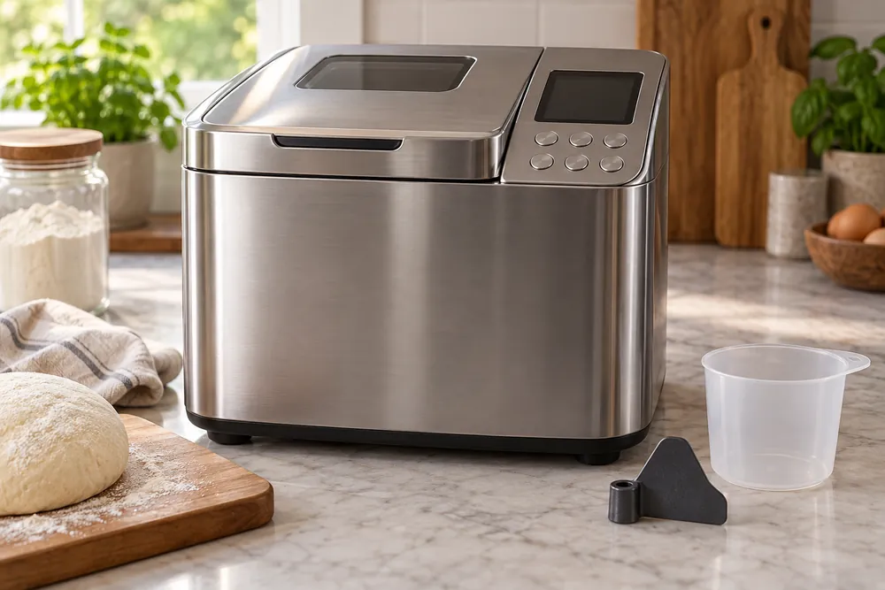 Brushed stainless control panel beside a bread machine display, dough paddle and measuring cup nearby on a tidy countertop, eye-level kitchen view.