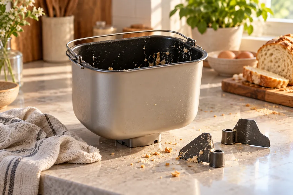 Soft morning light shows a bread machine pan lifted out beside removable paddles, crumbs, and a damp cloth on a kitchen counter.