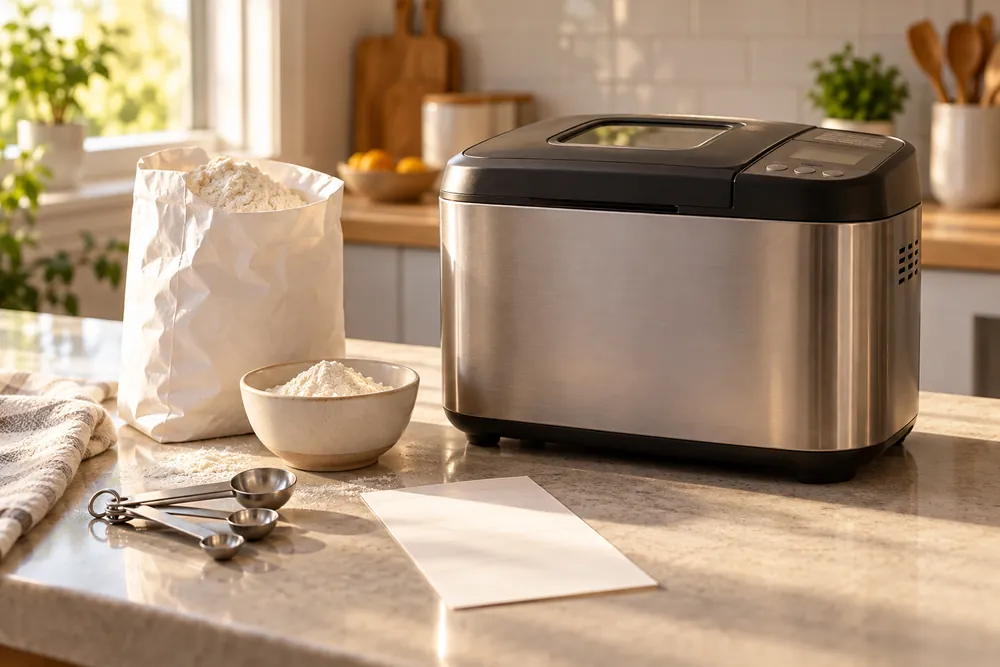 Morning light spills across a countertop as a bread machine, receipt, flour bag, and measuring spoons sit in low-angle view.