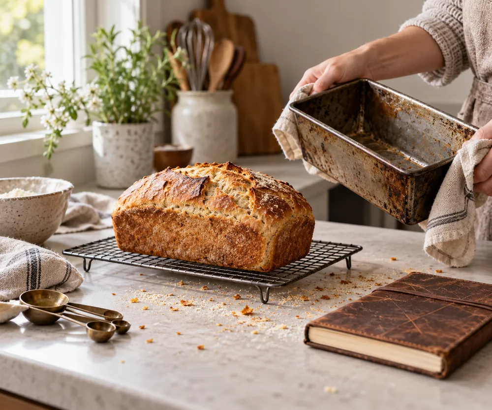 Hand lifts a well-worn bread pan beside a scratched recipe notebook, cooling loaf, measuring spoons, and crumbs on a kitchen counter.