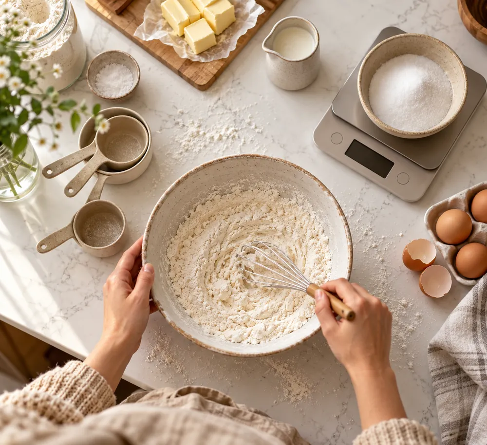 White quartz countertop with flour-dusted mixing bowl, digital kitchen scale weighing sugar, measuring cups nearby, baker’s hands partially visible from above.