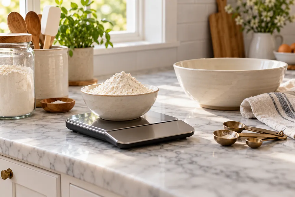 Marble countertop beside white cabinets shows a digital kitchen scale weighing flour, side-angle view with measuring spoons and a mixing bowl nearby.