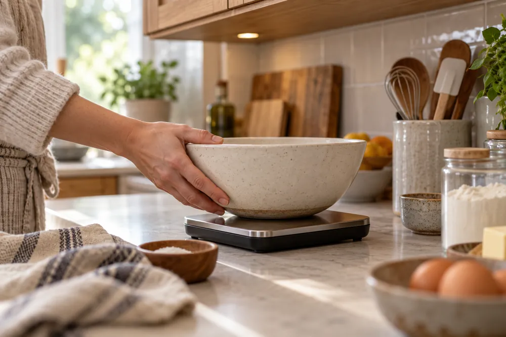 Hand slides a mixing bowl onto a compact kitchen scale, showing platform overhang, low cabinet clearance, and nearby countertop clutter.