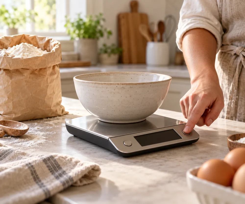 Digital kitchen scale with side buttons and angled display, bowl centered, flour bag nearby, baker’s hand pressing tare, clean countertop.
