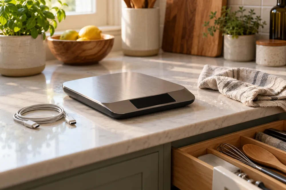 Digital kitchen scale beside a charging cable, damp cloth, and open drawer, on a clean counter in an eye-level kitchen scene.