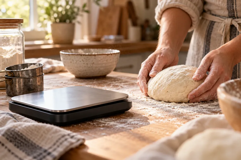 Digital kitchen scale on a flour-dusted counter beside worn measuring cups, with a baker’s hands adjusting dough in soft morning light.