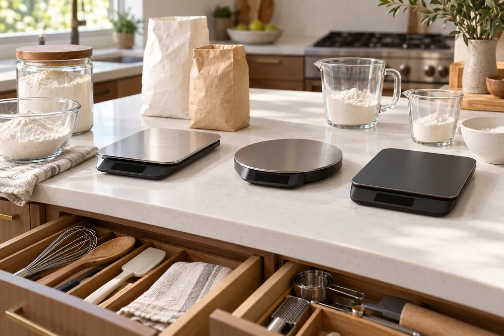 White quartz countertop with several digital kitchen scales, measuring cups, and flour bags arranged neatly beside open drawers, slightly raised view.