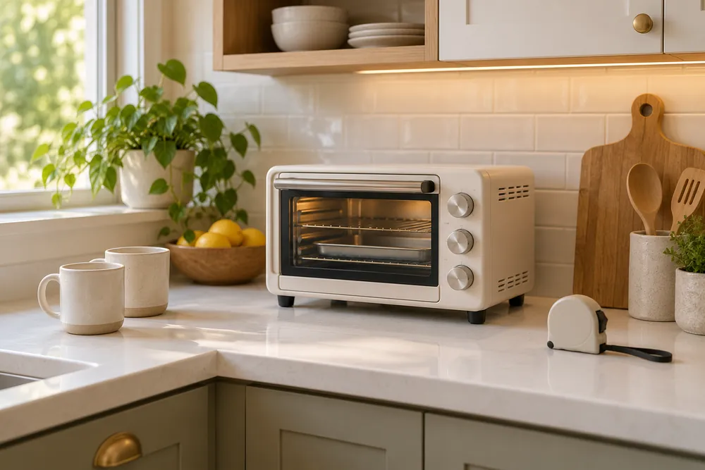 White quartz countertop surrounds a compact toaster oven, with measuring tape, mugs, and neatly arranged cabinetry emphasizing efficient small-kitchen space.
