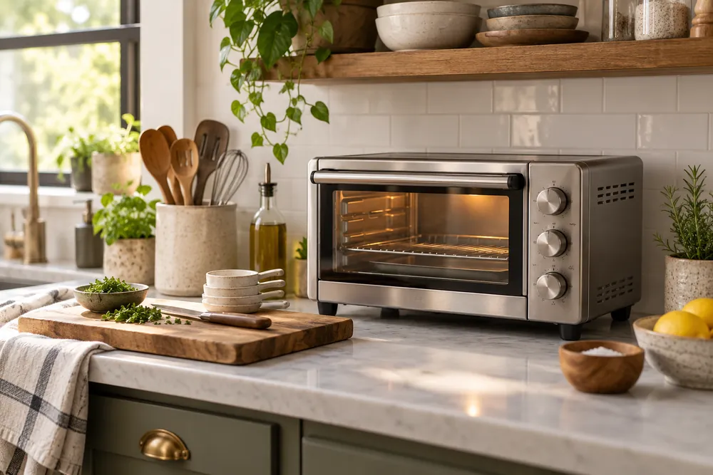 Compact toaster oven sits on a narrow kitchen counter beside a cutting board, measuring cups, and neatly arranged small-space essentials.