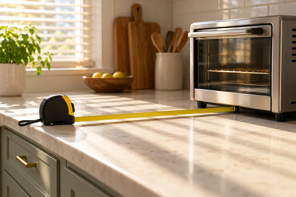 Morning light streams through blinds onto a tape measure spanning the counter beside a compact toaster oven, shown in a side-angle view.