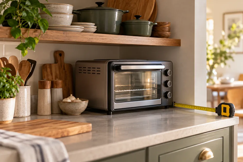 Measuring tape checks clearance beside a compact toaster oven on a small counter, with cookware stacked above and a side-angle kitchen view.