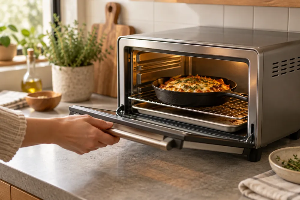 Pulling open the compact toaster oven door, a hand reveals a baking tray and wire rack beside a small skillet, three-quarter view.