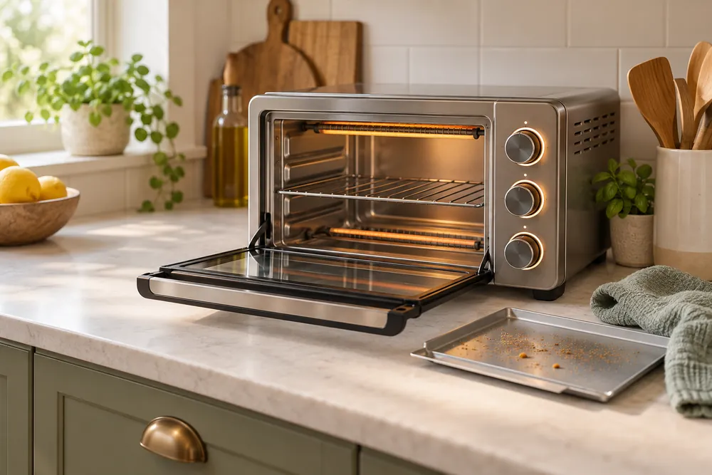 Compact toaster oven sits on a small countertop, door open, illuminated controls visible, crumb tray removed beside it, with a damp cloth nearby.