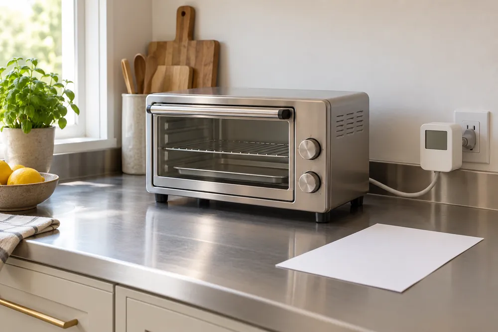 Stainless countertop beside pale cabinetry holds a compact toaster oven, clear safety clearance, energy meter, and specification sheet without readable text.