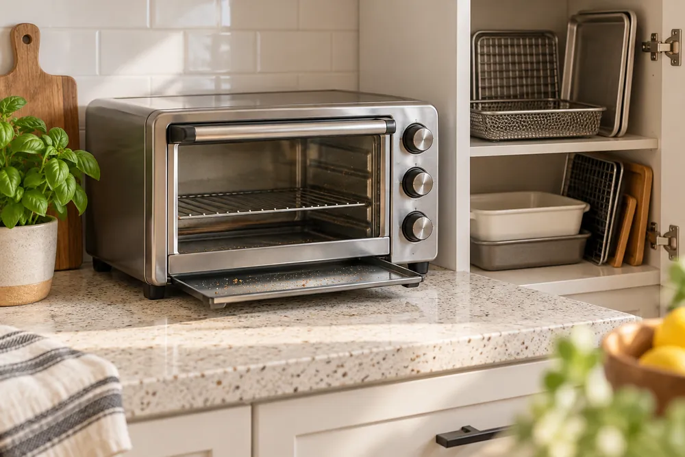 Speckled laminate counter surrounds a compact toaster oven with light scuffs, crumb tray pulled slightly open, and neatly stored accessories in a cabinet.