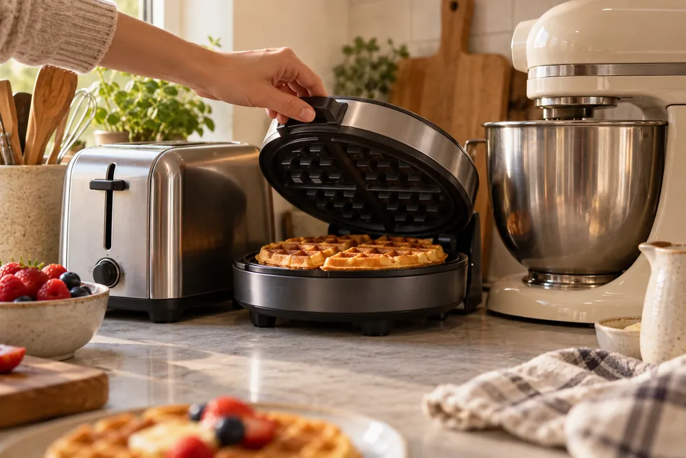 Hand lifting the lid of a round waffle maker wedged between a toaster and mixer on a cluttered counter, shot from a low side angle.