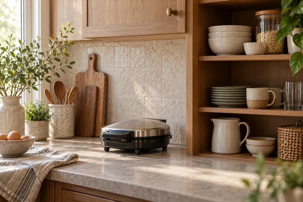 Soft morning light fills a compact kitchen; eye-level framing shows a closed waffle maker beneath low cabinets beside an open storage cupboard.