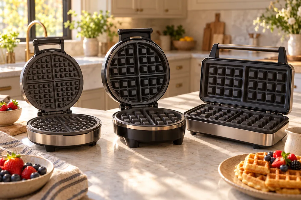 Morning sunlight washes across a counter where two round and one rectangular waffle maker sit open, revealing plates of differing depth.
