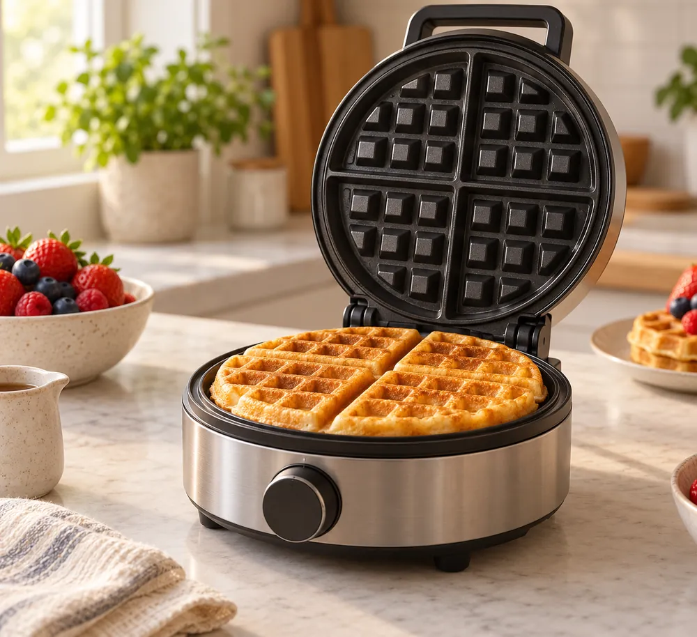 Waffle maker sits open on a kitchen counter, revealing evenly golden waffles beside an unmarked browning dial, crisp edges visible in close-up.