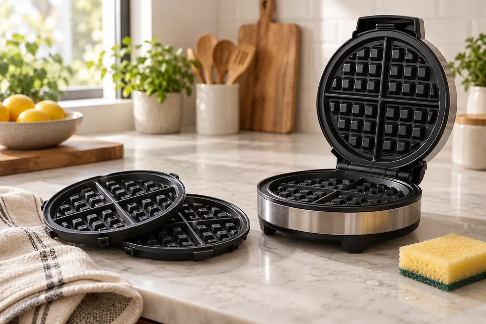 Matte nonstick waffle plates rest beside an open waffle maker, with a damp sponge on the kitchen counter, viewed at eye level.