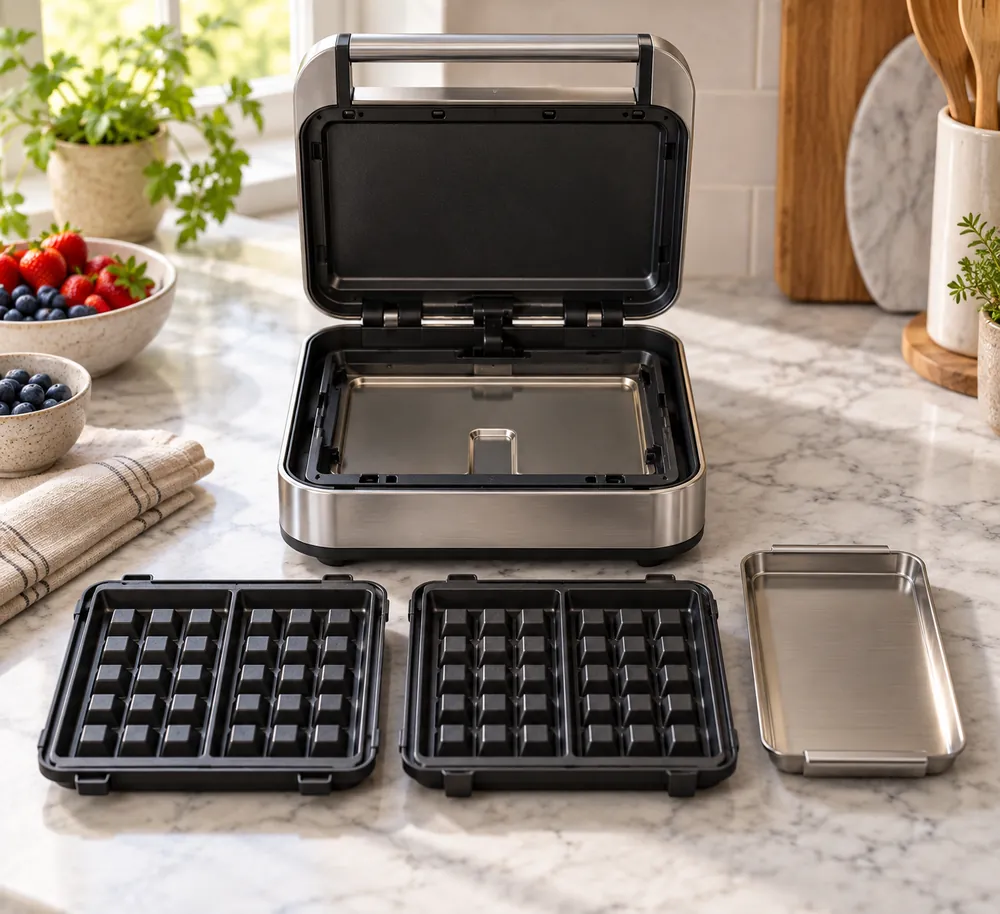 Brushed stainless steel frames an open, unmarked waffle maker, shown overhead with removable plates and a drip tray on a kitchen counter.