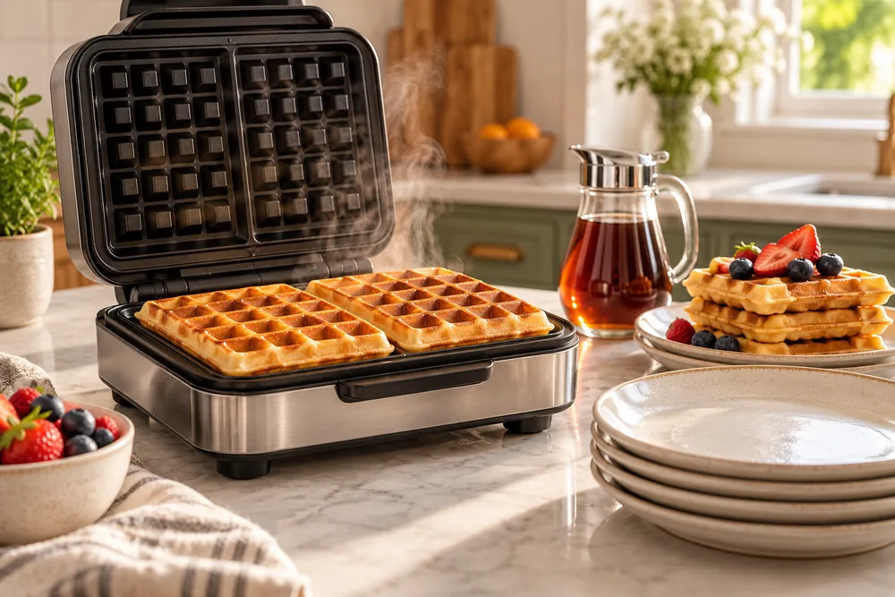 Stainless steel waffle maker open on a kitchen counter, steam rising, beside stacked plates and syrup for a family breakfast.