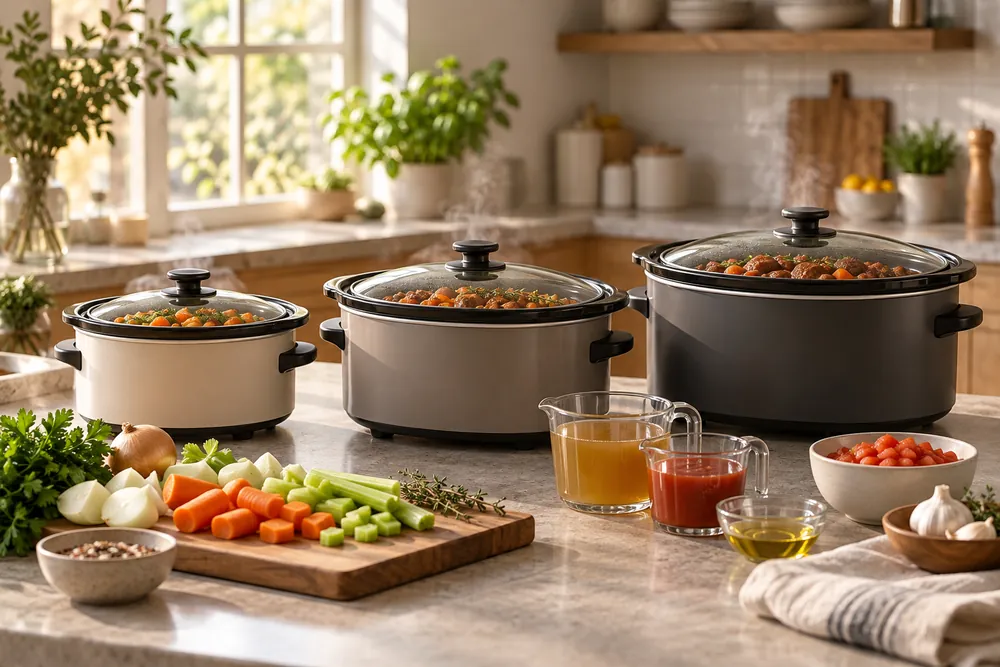 Soft morning light fills a kitchen counter with three oval slow cookers of different sizes beside measuring cups and chopped vegetables.