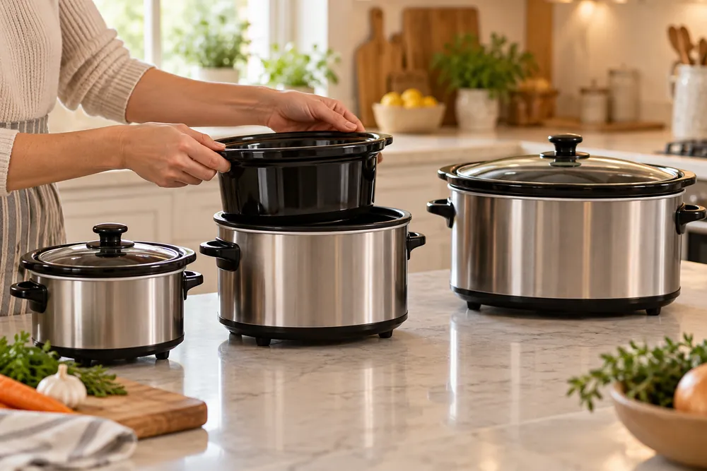 Hand lifts a 6-quart slow cooker insert beside smaller and larger cookers on a countertop, three-quarter view in a bright kitchen.