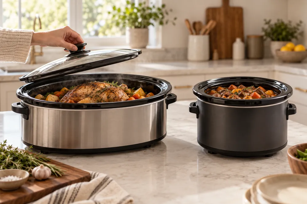 One hand lifts an oval slow cooker lid beside a round model on a kitchen island, showing different footprints and capacity.