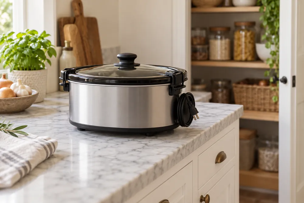 Marble countertop beside white lower cabinets holds a compact oval slow cooker, lid clipped, cord wrapped, near a half-open pantry shelf.