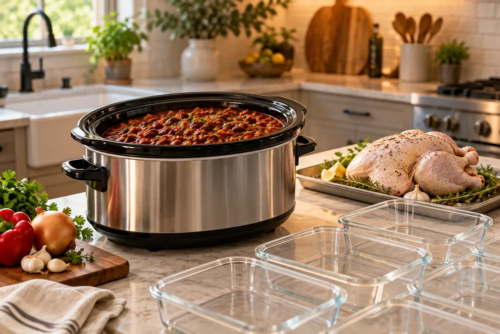 Brushed stainless steel slow cooker on a kitchen island, filled with chili, beside a whole chicken and meal-prep containers, wide framing.