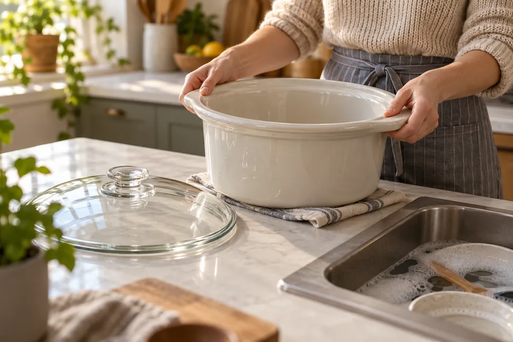 Soft morning light shows hands lifting a heavy ceramic insert beside a snug glass lid and soapy sink, eye-level on a kitchen counter.